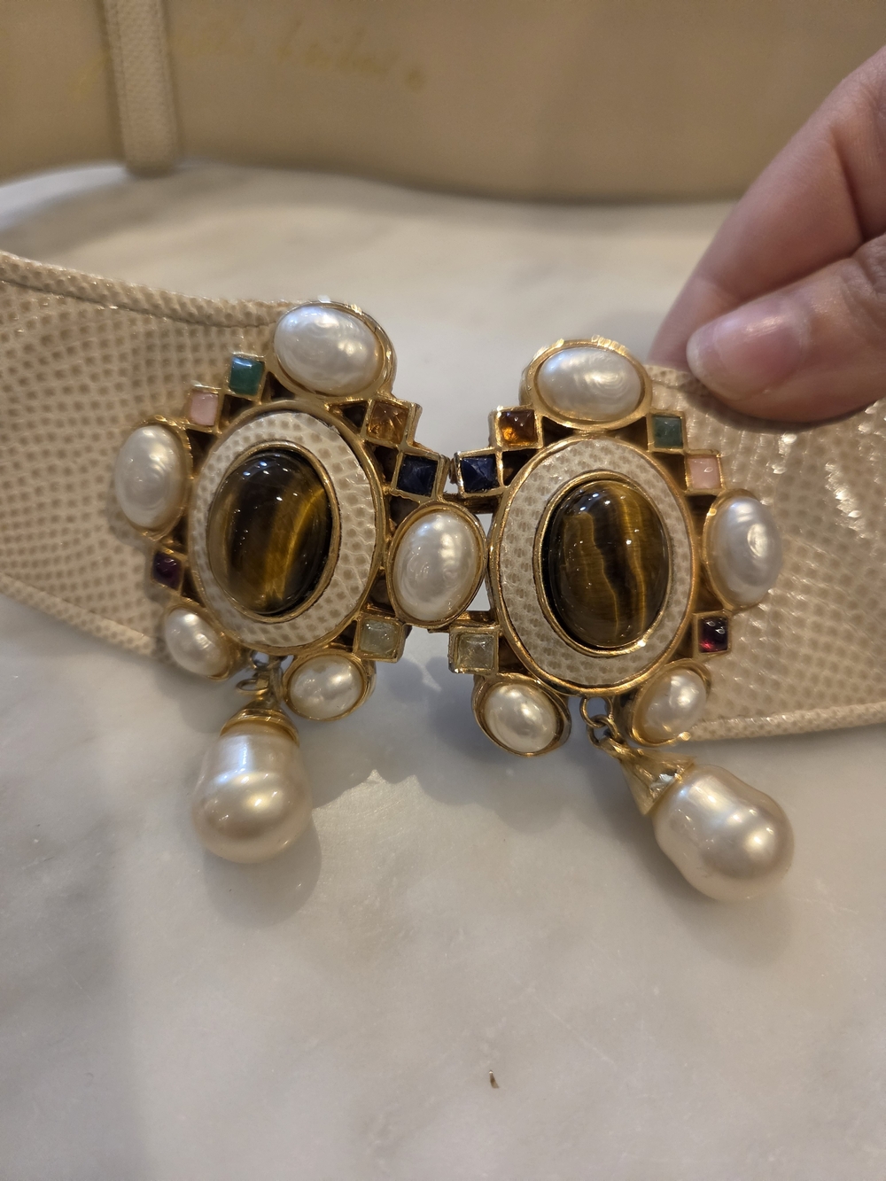 Judith Leiber Vintage Gold-Tone Pearl & Tiger's Eye Decorative Belt Buckle